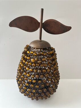 Beaded Amber Glass Pear Décor with Metal Leaves Tea Light Holder.